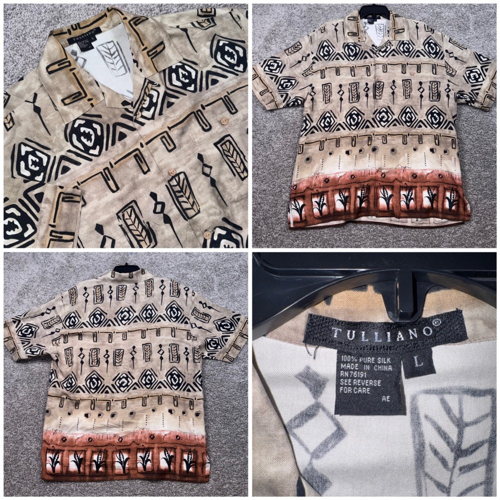 Tulliano Silk Button Down Shirt Mens Tribal Geometric Tan Brown Large EXCELLENT